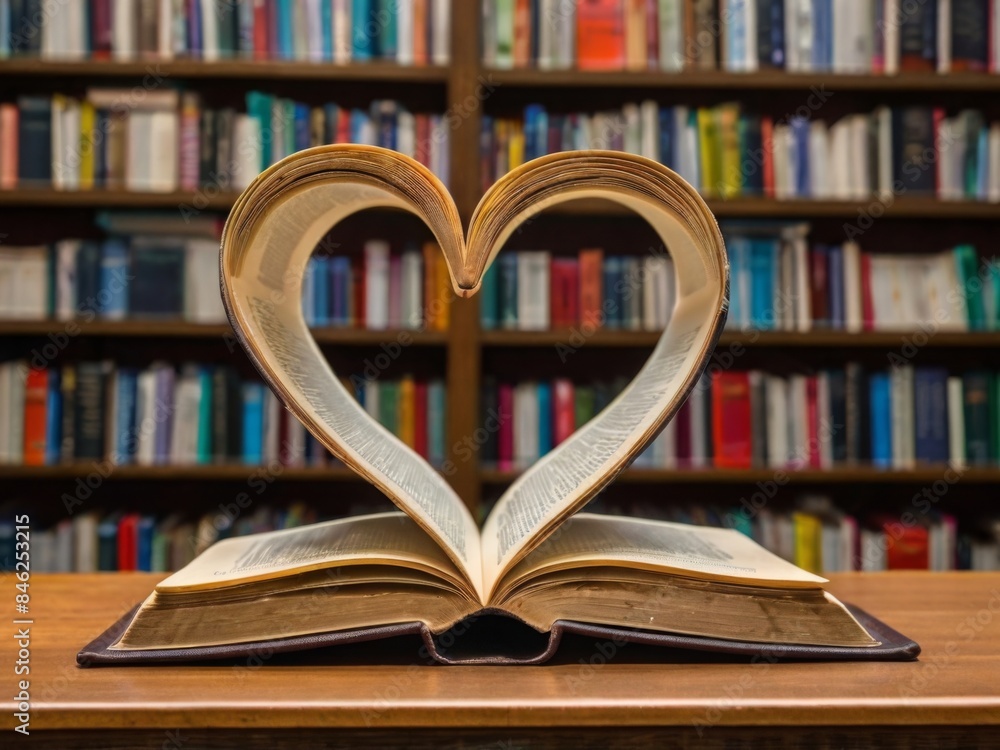 Poster book with open page of literature in heart shape and stack piles of textbooks on reading desk in lib