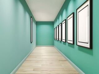 Fototapeta premium A chic hallway with a light teal wall, featuring six small empty black frames in a line.