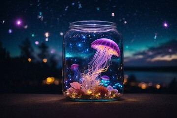 Jellyfish glowing in deep blue