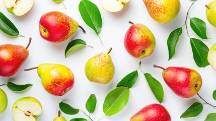 Obraz premium Top view of vibrant pear fruits in red yellow and green with leaves isolated on a white background for text placement Flat lay design