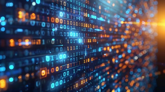 Abstract visualization of a digital binary code data stream, representing information technology and data transfer.