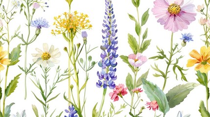 Obraz premium Meadow herbs and flowers in a watercolor seamless pattern