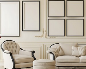 A chic living room with a cream wall, displaying five empty black frames in a diagonal arrangement.
