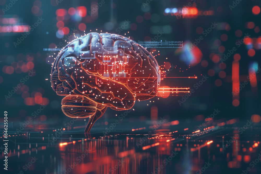Poster a brain made of computer code is displayed on a screen