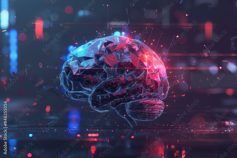 Poster a brain made of computer code is displayed on a screen