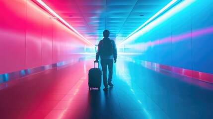 Traveler with smart luggage, modern airport, sleek design, space for text on left, Futuristic, Neon Tones