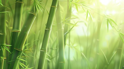 Obraz premium Bamboo forest, tall green stalks, soft sunlight filtering through, space for text in center, Photorealistic, High Detail