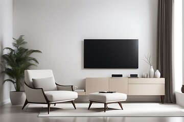  Mockup of a TV wall mounted with an armchair in the living room with a white wall design. 