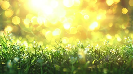 Obraz premium Serene Natural Grass Background with Blurred Bokeh and Radiant Sunlight, Capturing the Beauty of a Sunny Meadow with Dew-Kissed Blades and Soft, Dreamy Focus
