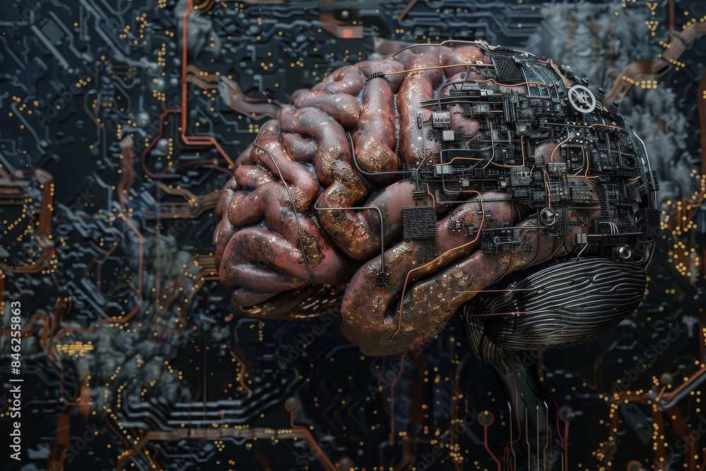 Poster a brain with a lot of wires and circuits attached to it