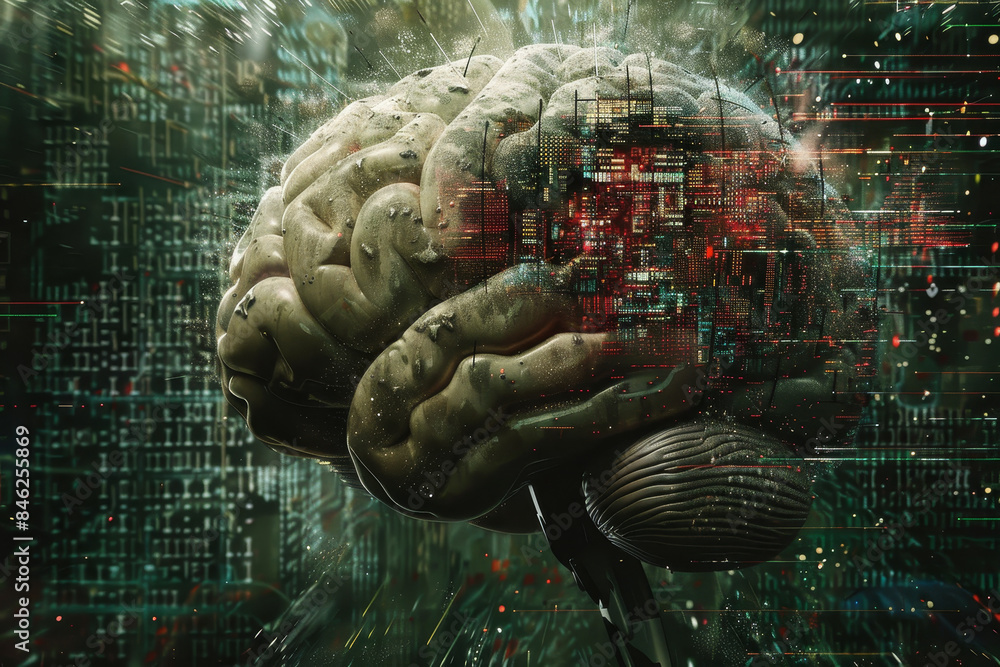 Poster a brain is shown in a computer generated image with a city in the background