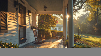 Sunlight casting long shadows on the porch of a colonial-style home, inviting you to sit and relax.