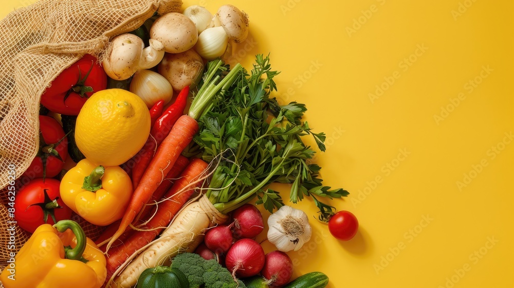Poster mesh sack filled with assorted vegetables spread out on a yellow surface with room for text