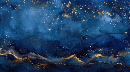 Fototapeta premium Watercolor night sky with deep blues, minimal, golden lines for stars and constellations