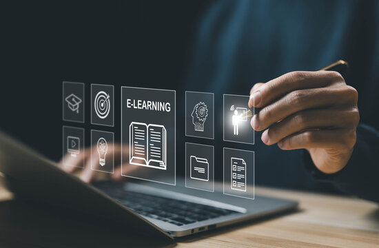 e-learning on a laptop. learning icon,  library on the internet website. concept of lesson learning e-book training digital online. course education in webinar technology