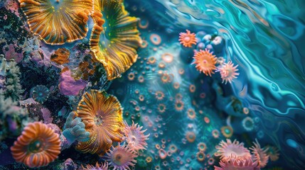 Coral reef close-up, vibrant colors, intricate textures, space for text above, Underwater Photography, High Detail
