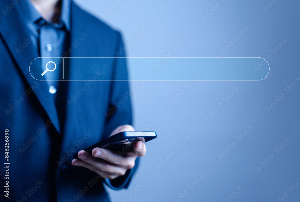 Poster businessman using a smartphone to search engine. concept of keywords show a search bar. web browser 
