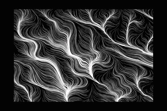 An abstract black-and-white texture featuring flowing, wavy lines that create a dynamic and organic pattern. The image resembles fluid motion, smoke, or fiber-like formations, producing a sense of dep