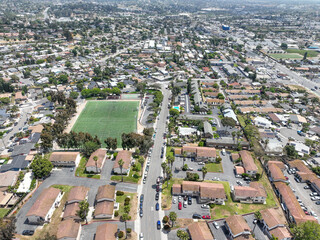 Aerial view of houses and communities in Vista, Carlsbad in North County of San Diego, California. USA.