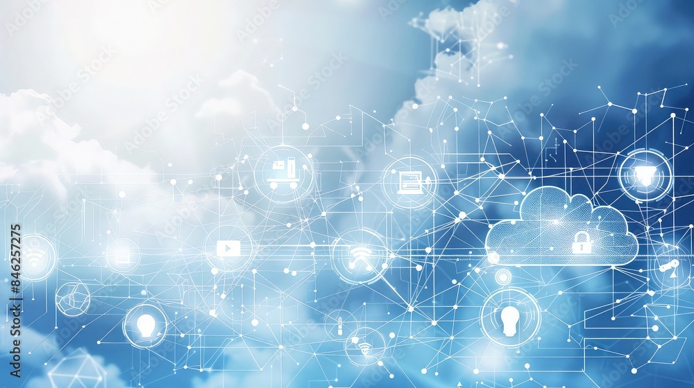 Poster digital network background with ai, cloud computing, and machine learning symbols, abstract futurist