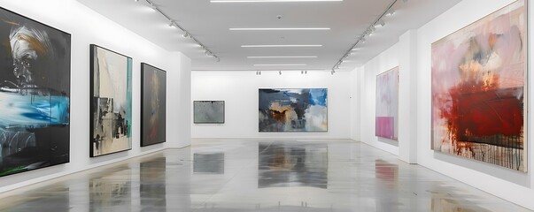 A contemporary art gallery featuring a series of large, expressive paintings on white walls, with a polished concrete floor adding to the minimalist vibe.
