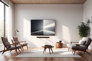  Mockup of a TV wall mounted with an armchair in the living room with a white wall design. 