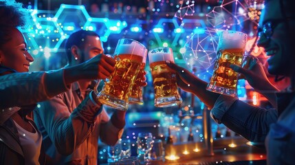 A diverse group of people toasting with beer mugs in a high-tech bar with holographic decorations, Futuristic, Neon