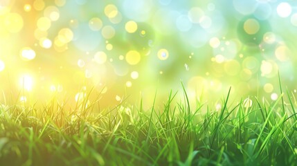 Obraz premium Serene Natural Grass Background with Blurred Bokeh and Radiant Sunlight, Capturing the Beauty of a Sunny Meadow with Dew-Kissed Blades and Soft, Dreamy Focus
