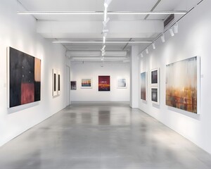 A chic art gallery with minimalist white walls, showcasing a diverse collection of paintings that highlight the beauty of simplicity and clean design.