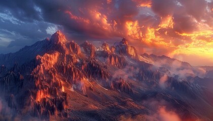 Dramatic mountain cliffs bathed in the warm glow of sunset, with clouds adding texture to the sky