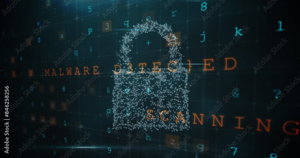 Poster digital lock icon with malware detected text overlaying scanning background