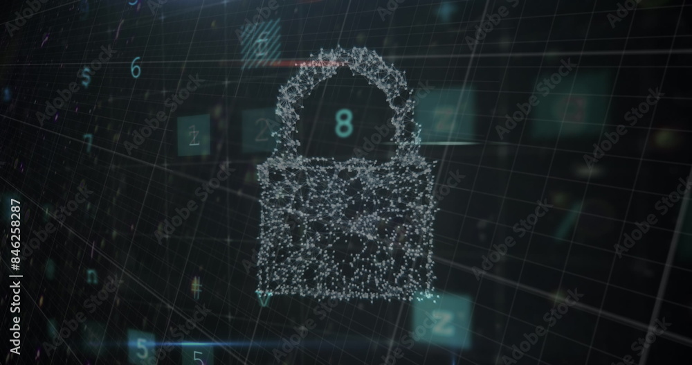 Poster a digital lock icon composed of particles is floating in virtual space