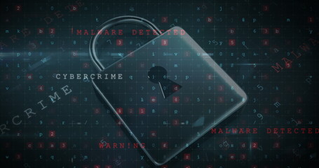 A digital padlock surrounded by floating text and numbers indicating cybersecurity threats