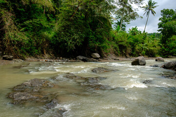 the calm flow of river water in a village 