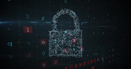 Digital lock icon made of particles floating on dark background with scattered numbers