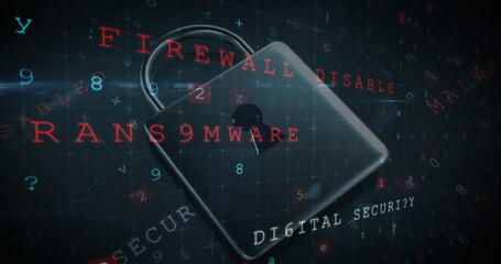 A digital padlock surrounded by cybersecurity terms like firewall and malware