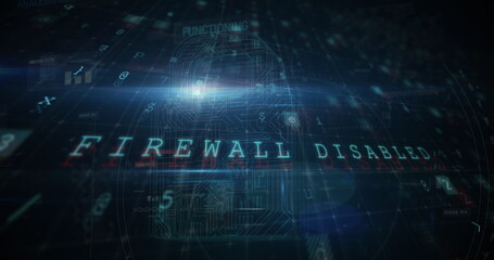 Obraz premium Digital interface with FIREWALL DISABLED text displayed prominently