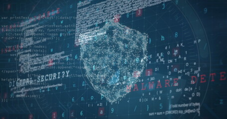 Digital shield with MALWARE DETECTED text and code fragments surrounding it