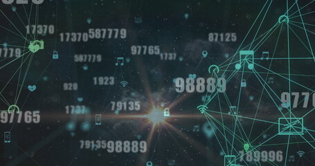 Digital network with various icons and numbers connected by lines