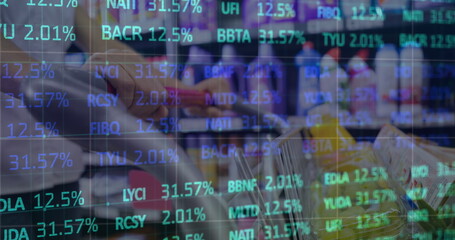 A person with light skin pushing shopping cart in a grocery store aisle