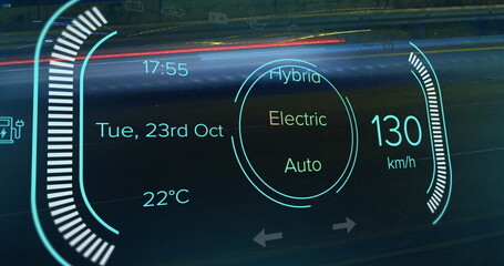 Digital dashboard display showing speed, temperature, date, and hybrid mode options
