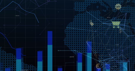 Digital data visualization with bar graphs and world map overlay