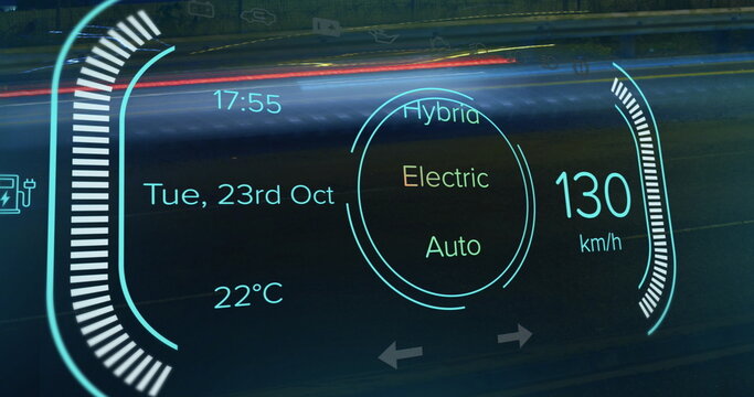Digital dashboard display showing speed, temperature, date, and hybrid mode options - Powered by Adobe