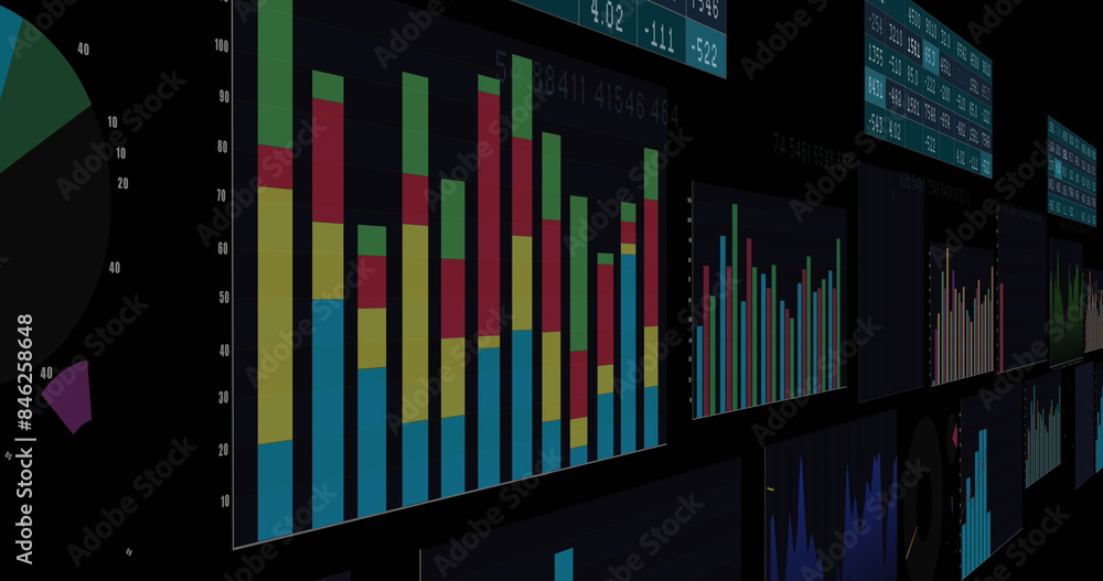 Poster colorful bar graphs and charts displayed on multiple screens