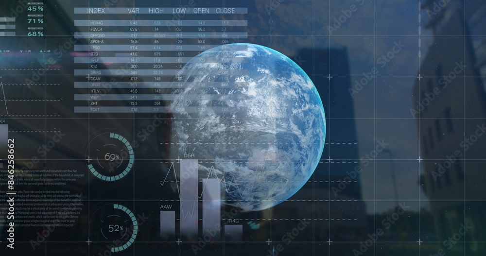 Poster digital globe with data charts and graphs overlaying