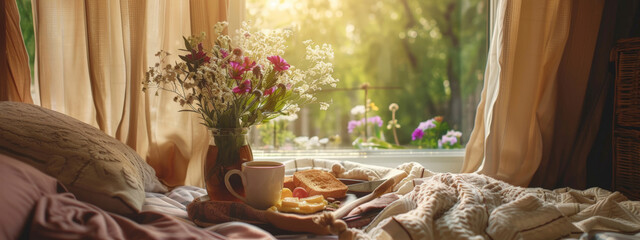 Breakfast with flowers on the bed. The concept of love and relationships. Banner, poster, background. With copy space