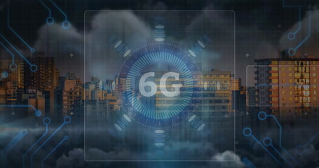 A futuristic cityscape with digital overlay displaying 6G in center