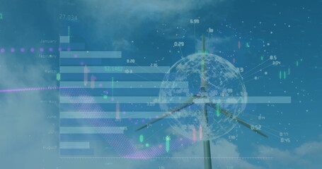 Digital data charts and graphs overlaying image of wind turbine