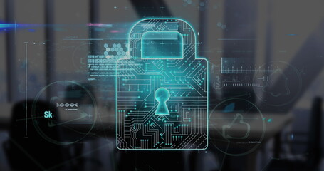 A digital lock icon with circuit patterns is glowing in foreground