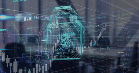 Digital lock graphic overlaying financial charts and data